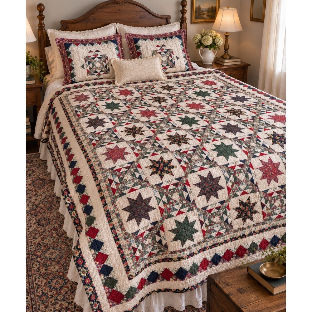 Patchwork Star Quilt Set with 2 Shams Floral Multi Color 84x96 Grandmacore Fall